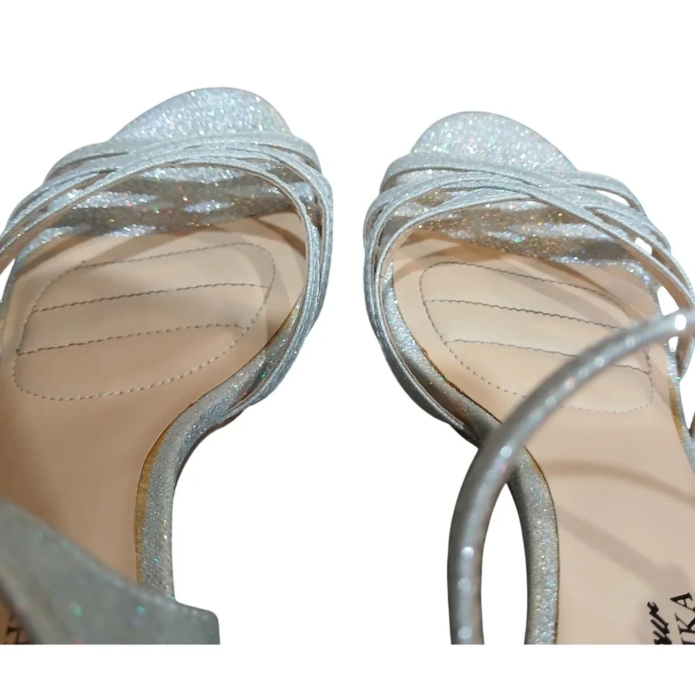 American Glamour Badgley Mischka Silver Glitter Strappy Heels Sandals Womens 8.5